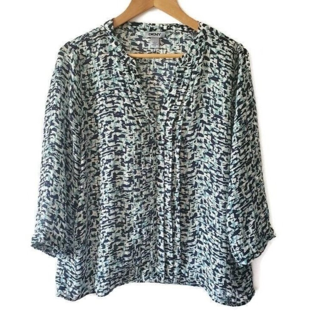 DKNY Women’s 3/4 Sleeve Printed Split-Neck Pleated Front Peasant Top Size Large - Picture 2 of 8